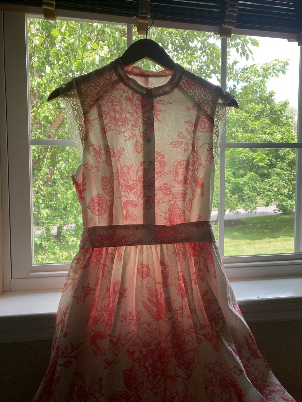 Linen Lace Cap-Sleeve Pink Toile Dress - Picture 6 of 7